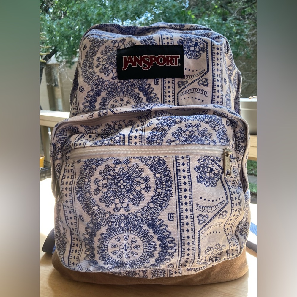 Vintage JANSPORT white blue swedish lace print  canvas suede bottom EUC